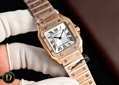 TW Factory Cartier Santos 27*34.4mm 316L Steel Quartz Movement Diamond Bezel Rose Gold Band Lady Watch